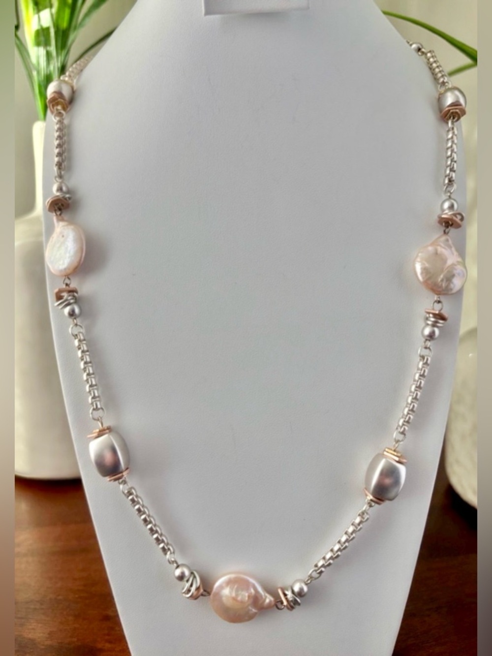 Carol D Studio Capiz shells,silvertone beads,pearl look stones,coppertone accent